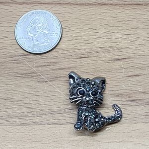 Cat Brooch Silver Black Rhinestone